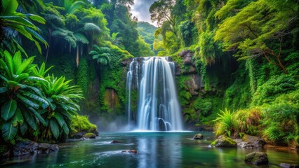 Obraz premium Tropical waterfall cascading through lush forest landscape, Waterfall, Tropical, Forest, Nature, Landscape, Scenic