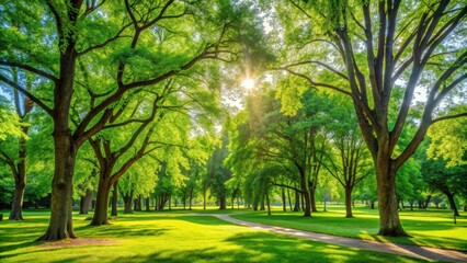 Lush green trees standing tall in a vibrant park on a sunny summer day , park, trees, nature, green, vibrant, sunny, summer