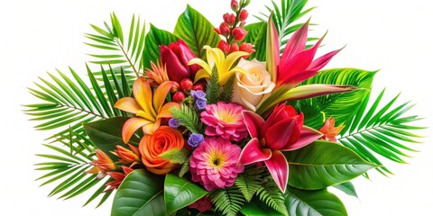 Tropical Valentine's Day bouquet featuring vibrant flowers and foliage, Valentine's Day, tropical, bouquet, vibrant, flowers