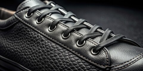 Macro shot of black leather sneaker with textured laces, sneaker, black, leather, shoe, fashion, style, macro, close-up, lace