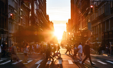 People walking through the busy intersection at 5th Avenue and 23rd Street in New York City on a...