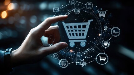 A hand is holding a shopping cart in a digital image