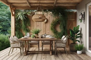 Fototapeta premium Rustic Outdoor Patio Mockup with Vintage Elements and Natural Greenery