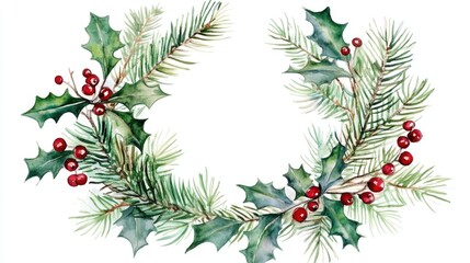 Fototapeta premium Watercolor illustration of a Christmas holiday wreath featuring fir tree branches and holly