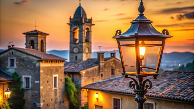 Medieval street lantern in focus with old church in background at sunset in Village of Finalborgo, Italy