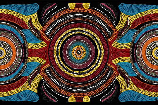 Dreamlike Enigmatic Australian Aboriginal Dot Art on a Colorful Black Background