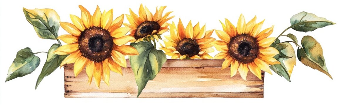 Watercolor hand painted sunflower bouquet in a wooden box autumn arrangement rustic fall decor harvest themed clipart and summer birthday card Realistic botanical illustration