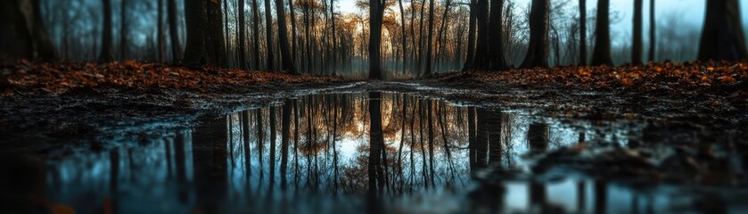 Serene Forest Reflection at Sunrise with Autumn Leaves and Tall Trees