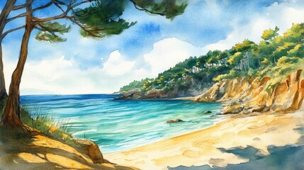 Watercolor illustration of a coastal scene by a bay