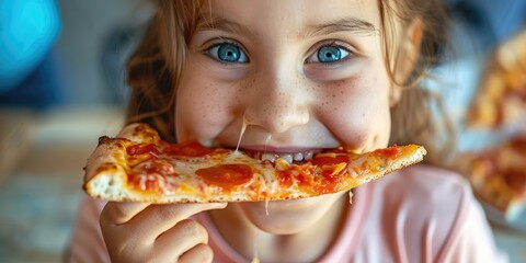 Naklejka premium Aerial perspective of a young girl enjoying a delicious piece of pizza, with melted cheese stretching as she takes a bite.