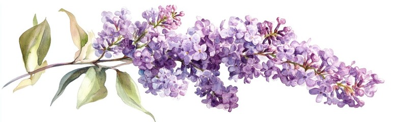 Watercolor illustration of a fresh lilac flower bouquet on a white background viewed from above
