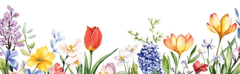 Fototapeta premium Watercolor hand drawn frame featuring early spring flowers and foliage Includes tulips lilacs snowdrops cherry blossoms crocuses and pansies on a white background
