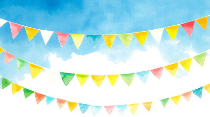 青空にカラフルな三角旗の水彩イラスト背景