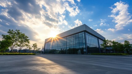 Fototapeta premium Modern Glass Office Building with Sunburst at Sunset and Cloudy Sky in the Background