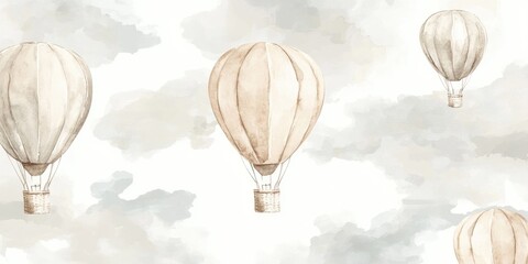 Obraz premium Watercolor hot air balloons on a plain background Hand drawn artwork suitable for celebrations parties and weddings Festive romantic decor in soft silver beige tones