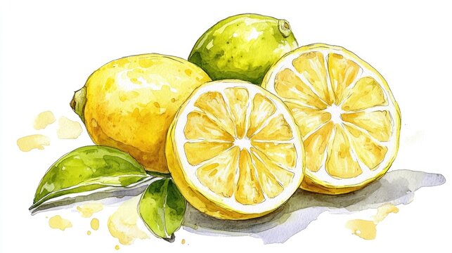 Watercolor illustration of a lemon Hand drawn clipart of citrus fruit Design for a menu Logo concept Watercolor sketch for a summer themed banner Depiction of lemonade Lime leaf included Realistic
