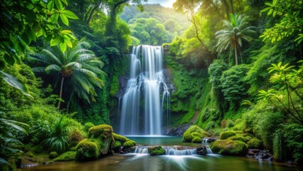 Tropical forest waterfall surrounded by lush green vegetation and cascading water, tropical, forest, waterfall, nature, beauty