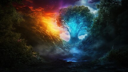 Obraz premium Enchanting Fantasy Landscape with Majestic Tree and Mystical Lighting in a Magical Forest