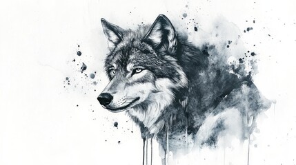 Watercolor illustration of a black and white wolf design featuring ink drips