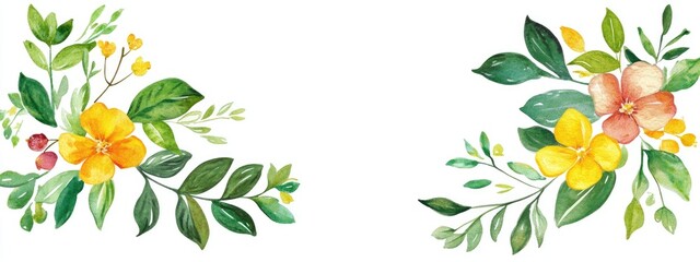 Obraz premium Watercolor flower wreath with green leaves Floral summer frame suitable for invitations greeting cards wall art stickers and more Isolated on white Hand painted