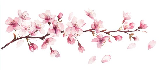 Watercolor illustration of a hand drawn cherry blossom branch adorned with drifting petals