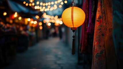 Fototapeta premium Traditional Asian Street Market with Lanterns and Colorful Fabrics at Night