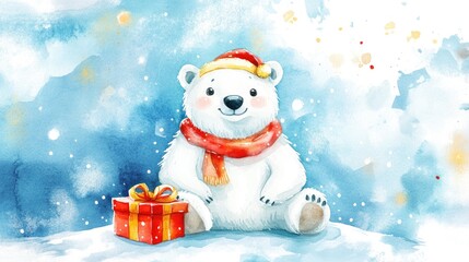 Fototapeta premium Watercolor illustration of a cute polar bear celebrating the festive season with a Merry Christmas and Happy New Year theme Cartoon style bear design