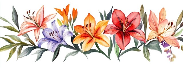 Fototapeta premium Watercolor illustration featuring hand drawn lilies and vibrant floral elements on a white background