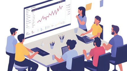 A team of product managers collaborates around a conference table, analyzing a Gantt chart displayed on a projector screen, with charts and graphs visible