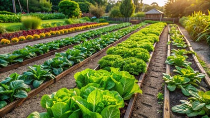 Rows of lush green vegetables growing in a well-maintained organic garden, organic, garden, vegetables, green, rows