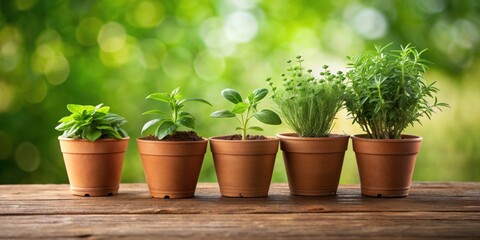 Fototapeta premium Three organic herb plants in terracotta pots on a wooden table with a blurry green background, herbs