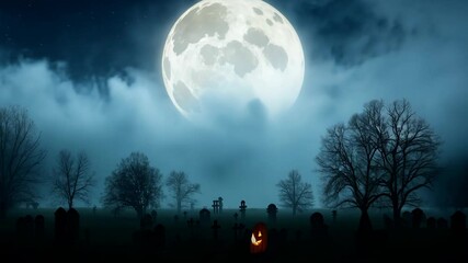 A crowd gathers in a moonlit field, surrounded by vibrant pumpkins that glow softly in the night. The atmosphere is festive and enchanting, filled with excitement and joy.