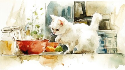 Watercolor illustration depicting the daily activities of a white cat