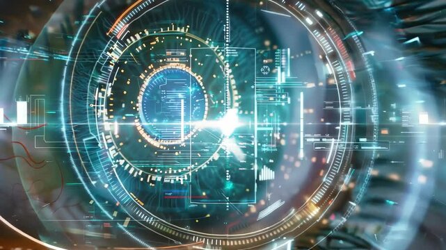 A close-up of a person's eye reveals intricate details, while a circuit board subtly fades into the background, symbolizing the connection between humanity and technology.
