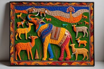 Obraz premium Colorful Textured Gond Folk Art Masterpiece Showcasing Indian Wildlife
