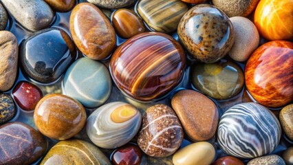 Round, smooth stones polished by the constant movement in water , nature, rocks, stones, water, movement, polished, shiny