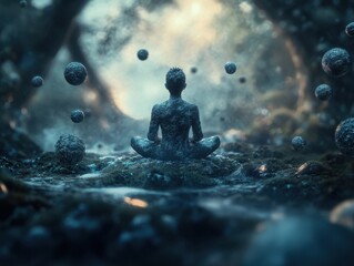 Obraz premium Mystical Meditation in Enchanted Forest with Floating Spheres and Ethereal Light
