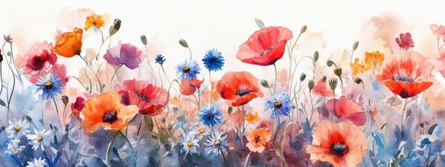 Watercolor illustration featuring a background of poppies and cornflowers