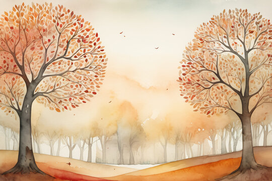 Aquarelle conception d'automne avec espace pour texte. Couleurs agr&eacute;ables douces et chaudes, arbres sur les deux cot&eacute;s et vide au mileu