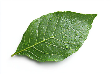 Fresh green leaf with water droplets, symbolizing natures beauty and vitality.