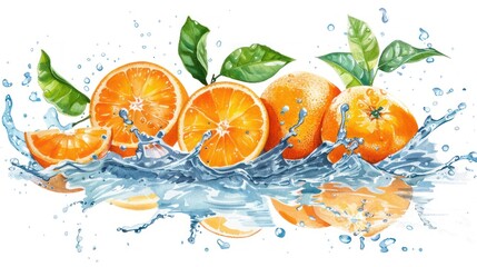 Watercolor Illustration of Oranges Splashing in Water