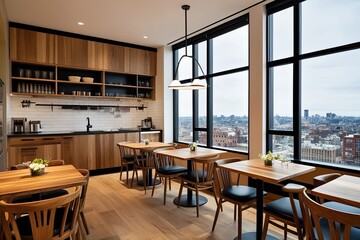 Stylish Kitchen Caf� Setup with Wooden Furniture and Expansive Window Overlooking City Landscape