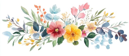 Watercolor floral arrangements featuring graceful summer blooms and foliage set against a white background