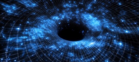 Fototapeta premium Black hole surrounded by a 3D cosmic abyss with 2D gravitational waves rippling outward into the void visualizing the interaction between the black hole and the infinite emptiness