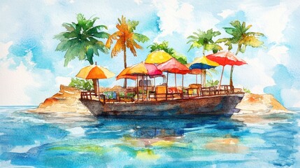 Obraz premium Watercolor illustration of a festive boat reservation at an island with umbrellas
