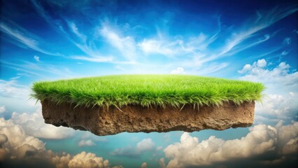 Floating slice of land with lush green grass surface and exposed soil section , flying, land, grass, texture, isolated, empty, field
