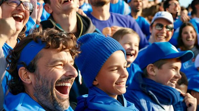A group of individuals is gathered, all dressed in matching blue shirts and hats, creating a vibrant visual display of unity and teamwork in a lively setting.