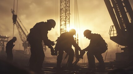 Three men in military uniforms are working on a construction site