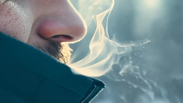 A man exhales a plume of smoke from a cigarette, creating a swirling cloud that dances in the air, capturing a moment of contemplation and relaxation.