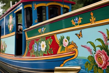 Obraz premium Expertly Painted Tole Designs for Canal Boats with Lively Color Schemes and Botanical Blooms